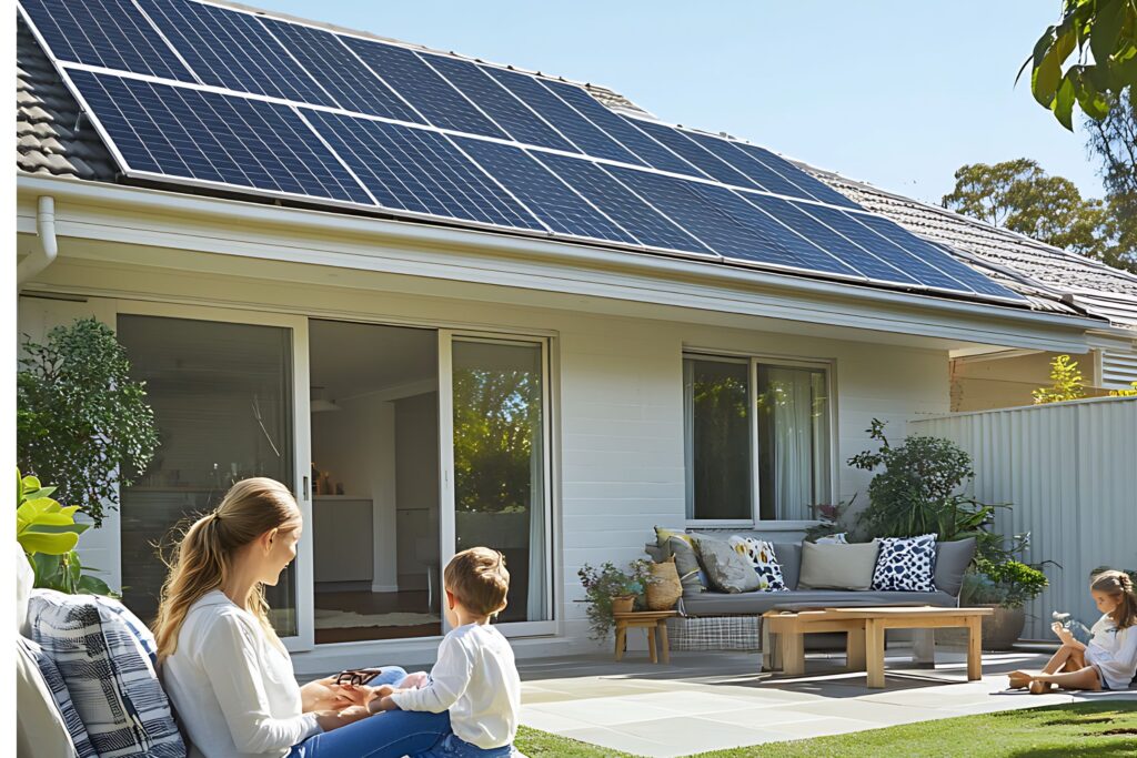 Residential rooftop solar panels soaking up the sun with lens flare on the Sunshine Coast in 2025.