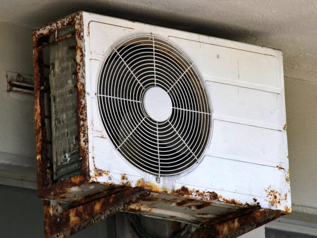 Rusty outdoor air conditioning unit with corroded metal surfaces on the Sunshine Coast