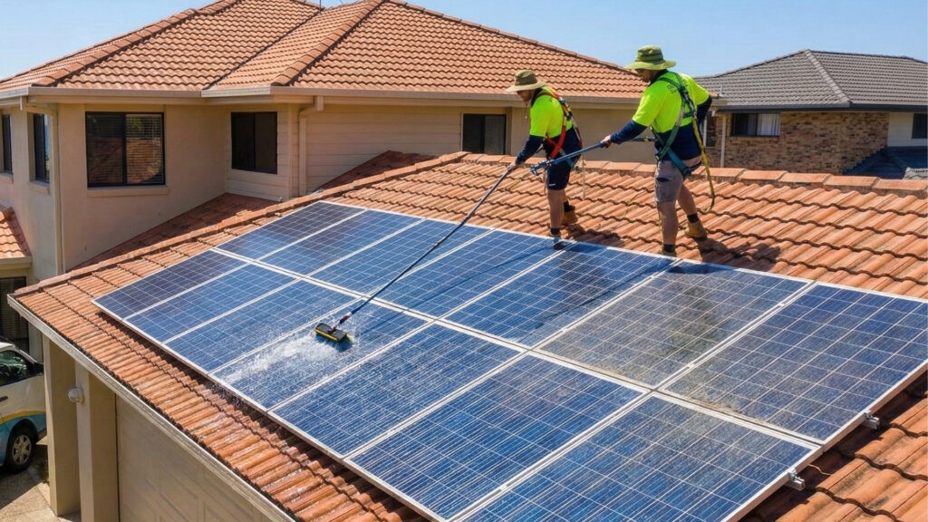 Technician cleaning rooftop solar panels on a Sunshine Coast home to improve system performance