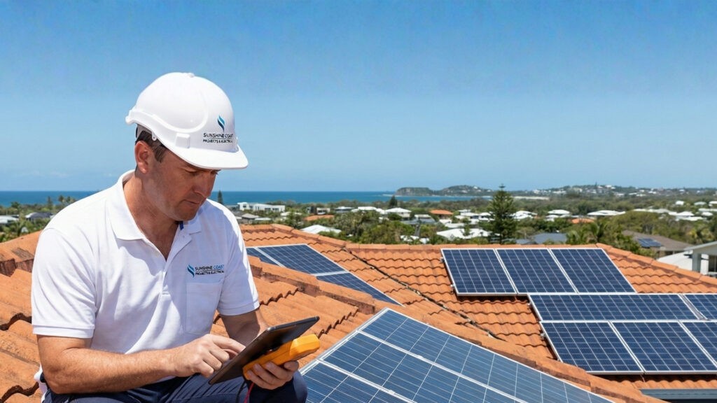 Solar technician inspecting rooftop solar panels on a Sunshine Coast home for maintenance and performance check