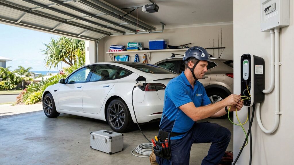 Professional installation of EV chargers at home in Mooloolaba by Sunshine Coast Projects & Electrical