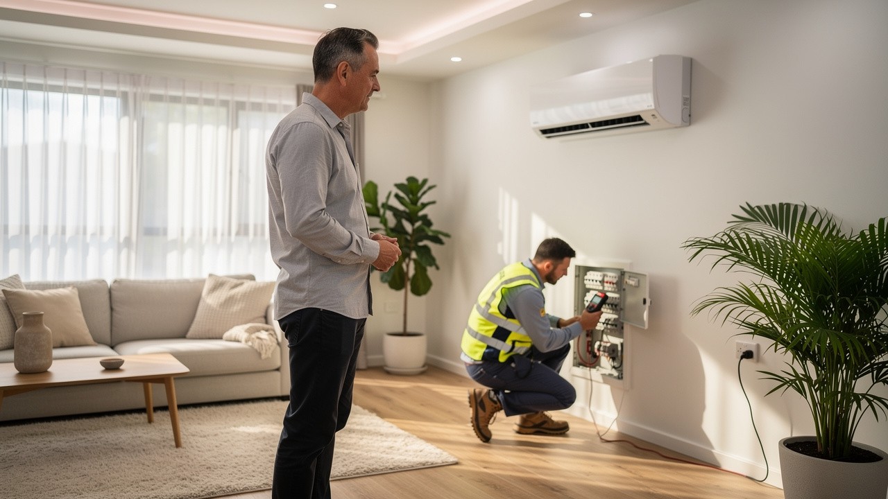 Electrician inspecting switchboard while air conditioner causes light flicker