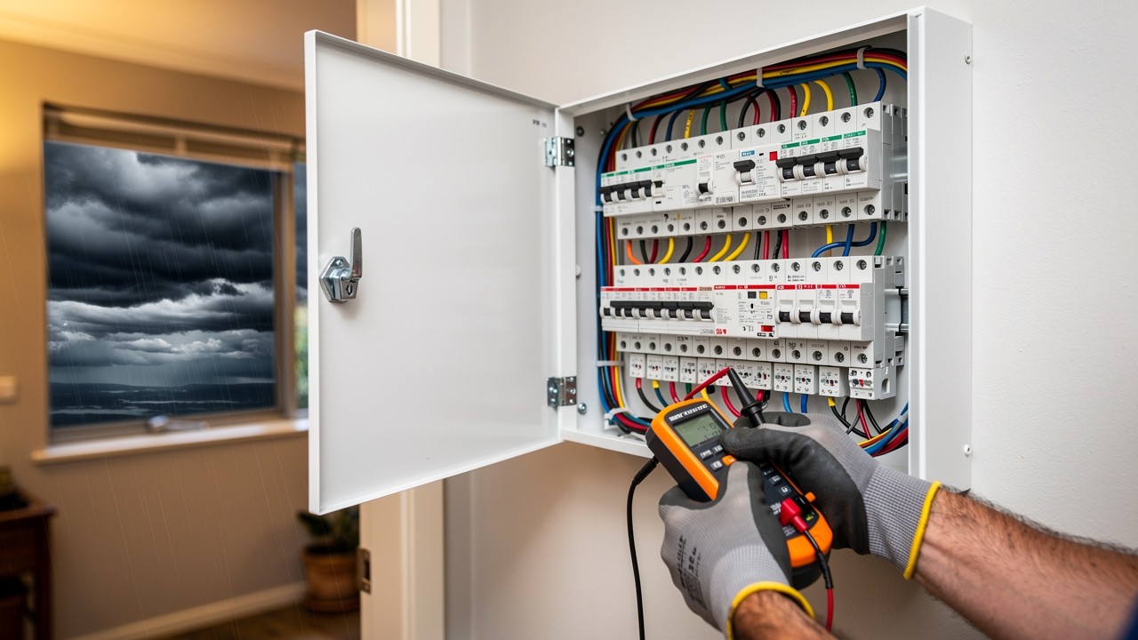 Professional electrician inspecting home switchboard before Queensland storm season