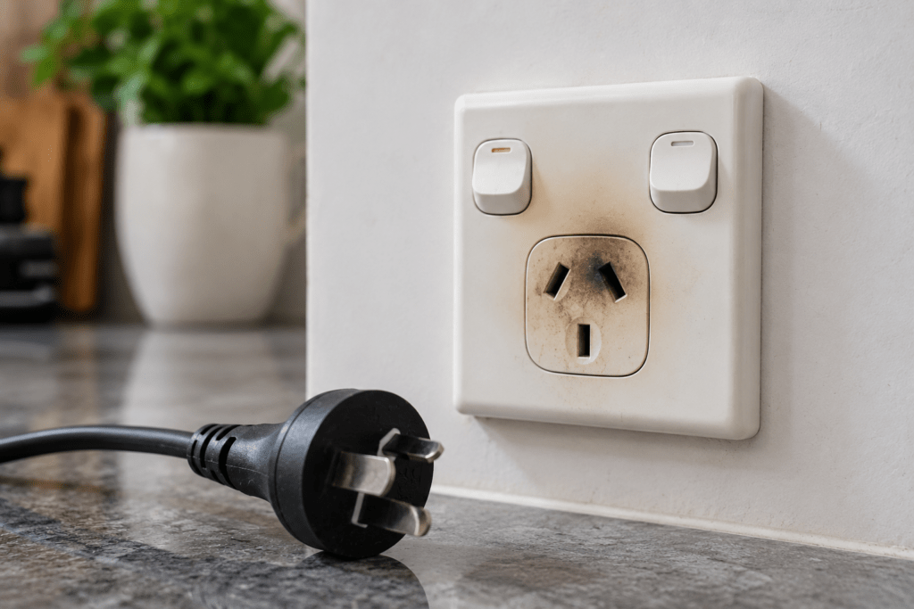 Burn marks on a kitchen outlet indicating safety switch issues