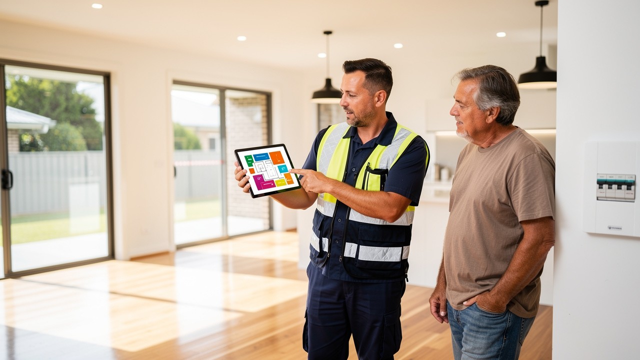Electrician reviewing electrical quote with homeowner indoors