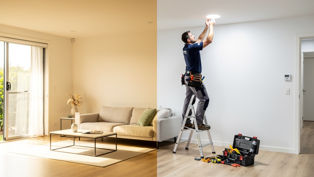 Licensed electrician installing LED downlights in modern home