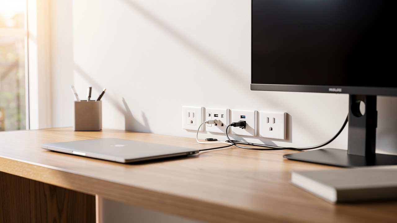 Modern home office desk with installed power points and data ports