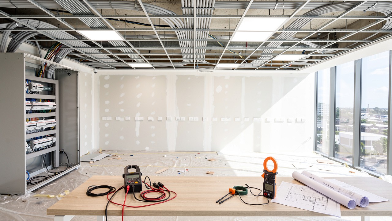 Commercial Fit Out Electrician Sunshine Coast Guide 1 Modern commercial electrical fit-out with LED lighting and cabling