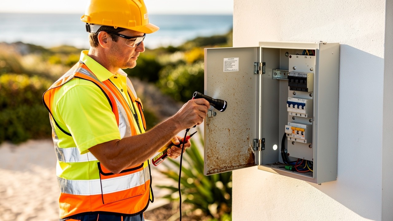 Licensed electrician inspecting outdoor switchboard on coastal home