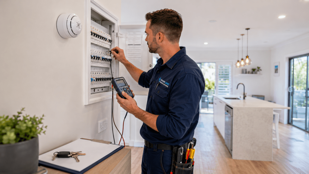 Rental Property Electrical Compliance QLD: Complete Guide 2 Electrician conducting an electrical compliance inspection at a Queensland rental home