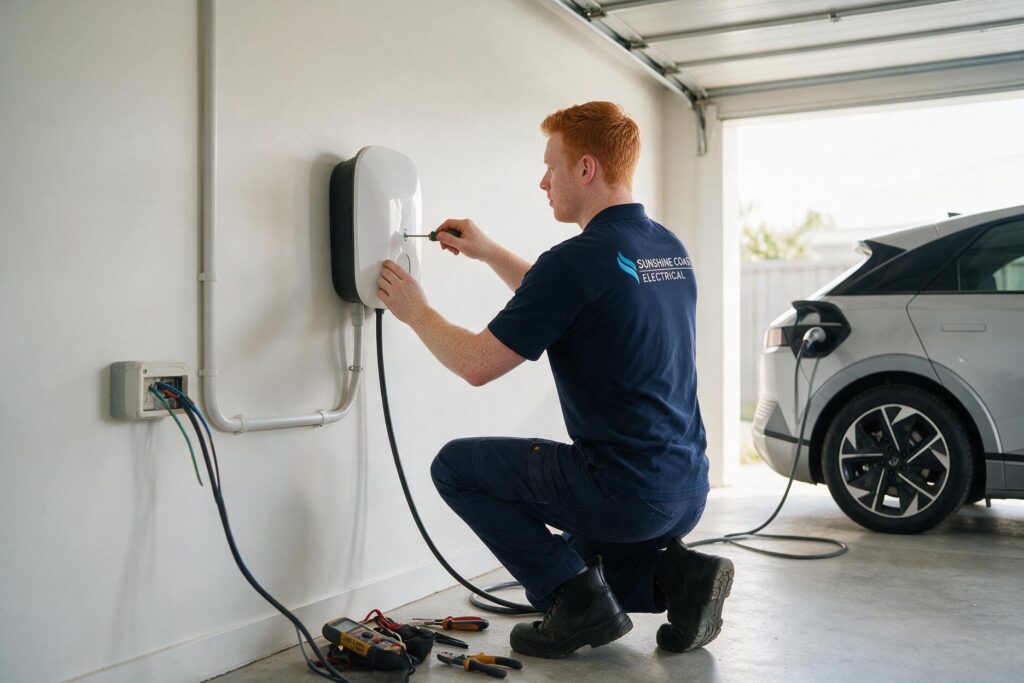 Electrician installing a home EV charger on the Sunshine Coast
