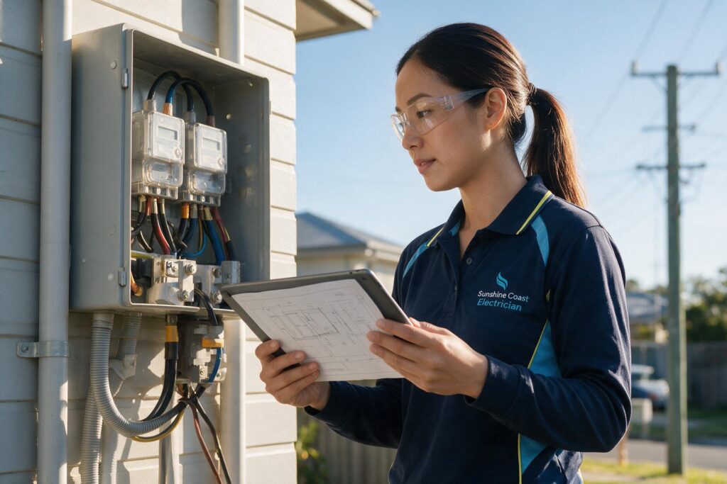 Electrician reviewing an Energex-compliant electrical connection at a Queensland property