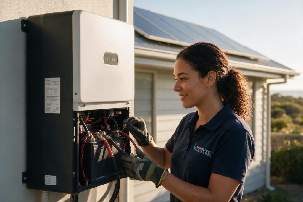 Are Solar Batteries Worth It on the Sunshine Coast? 4 Electrician inspecting a home solar battery system on the Sunshine Coast
