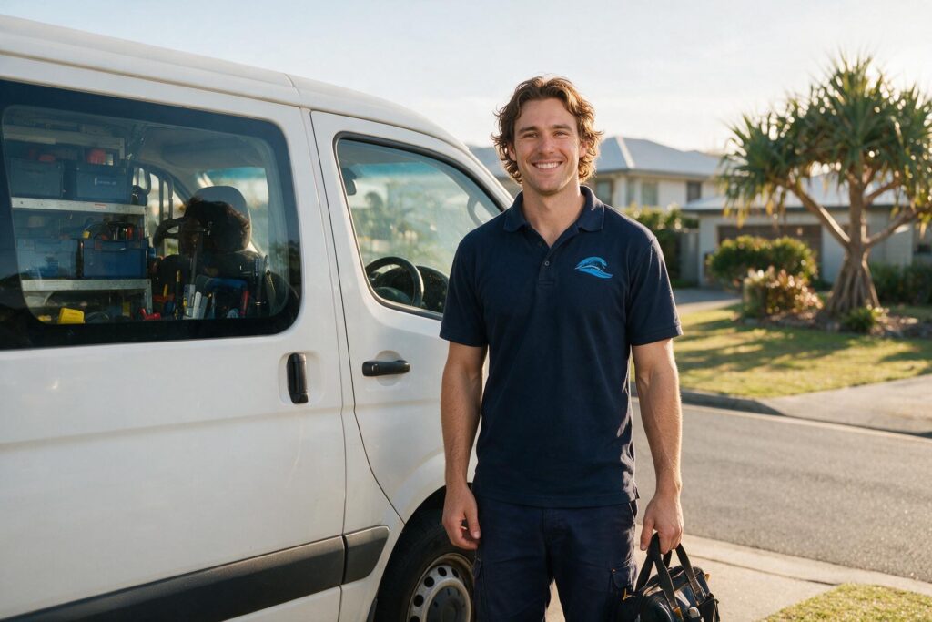 Charlie Doblo Electrician Sunshine Coast Guide 4 Professional Sunshine Coast electrician in branded workwear at a local home
